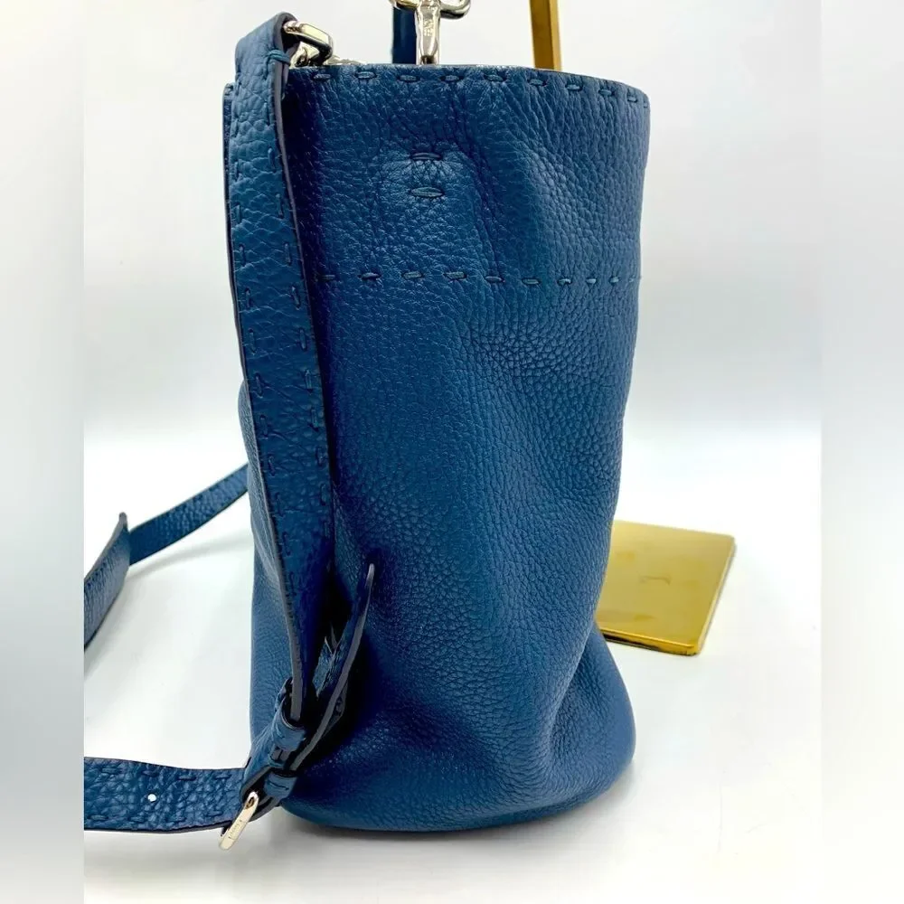 Auth Fendi Cuoio Romano Blue Selleria cLeather 2way Anna Bucket Bag Hobo Shopper